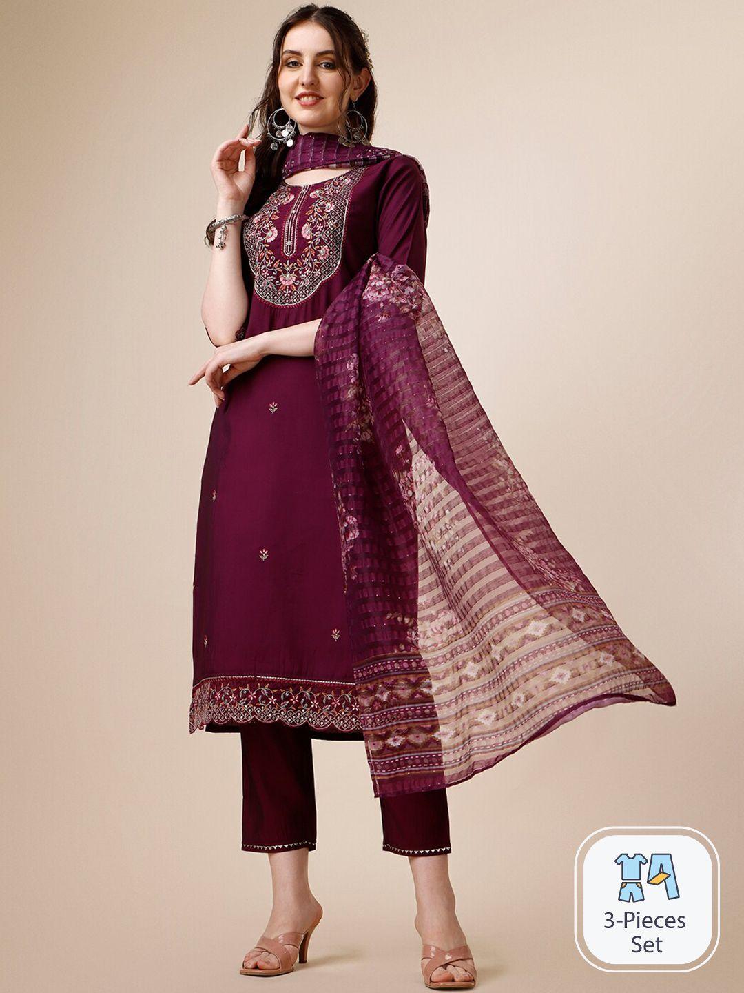 kalini floral embroidered chanderi cotton kurta with trousers & dupatta