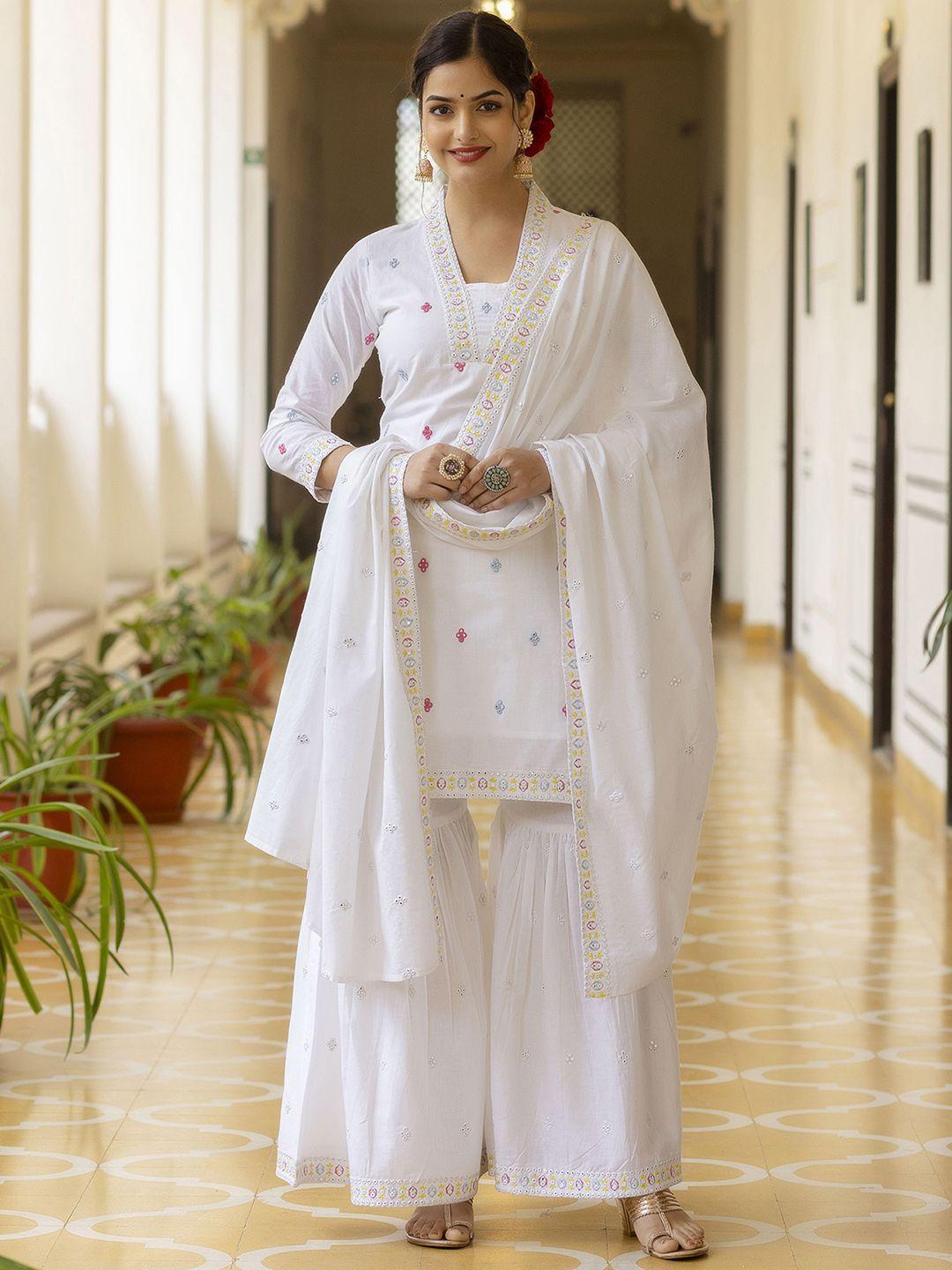 kalini floral embroidered pure cotton kurta with sharara & dupatta