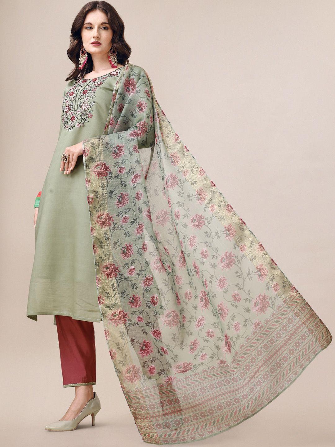 kalini floral embroidered regular chanderi cotton kurta & trousers with dupatta
