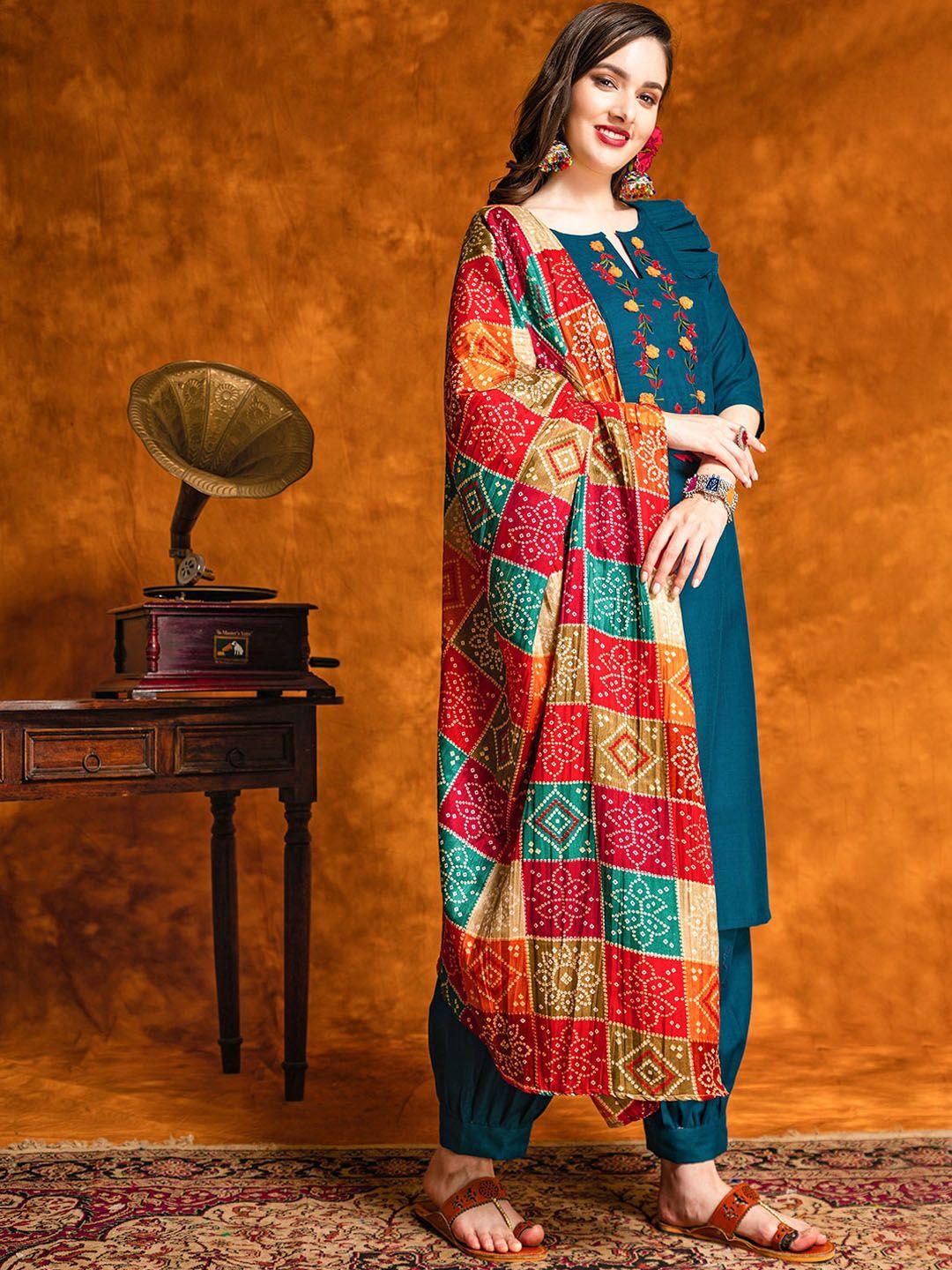 kalini floral embroidered regular pure cotton kurta with patiala & dupatta
