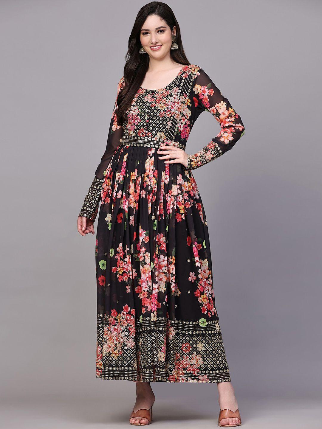 kalini floral printed embellished pleated georgette fit & flare maxi ethnic dress