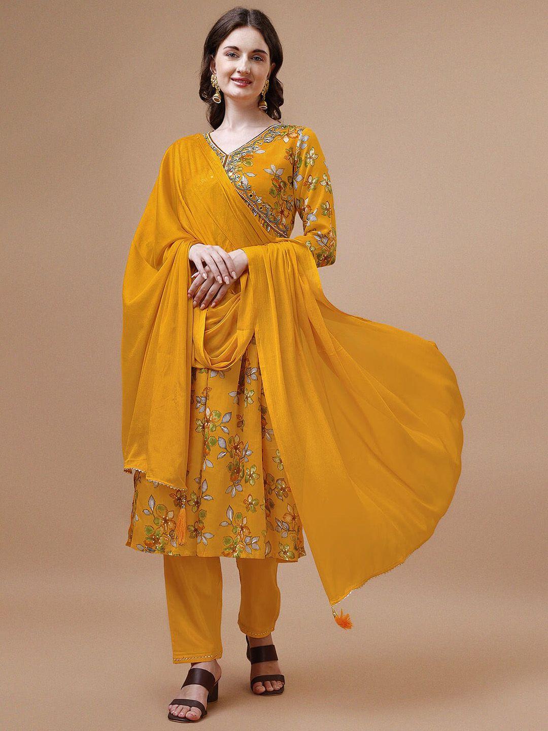 kalini floral printed empire beads and stones kurta with trousers & dupatta