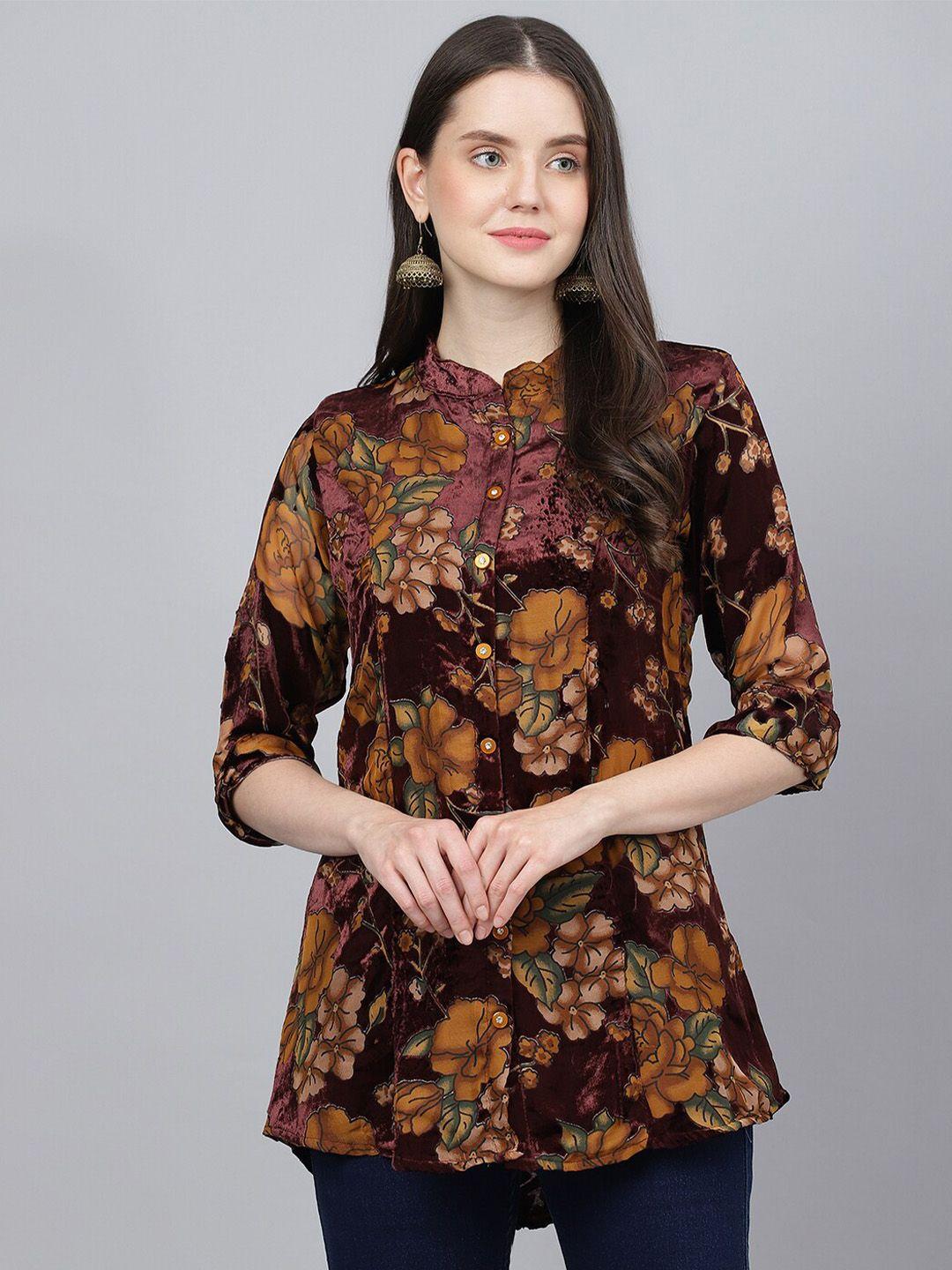 kalini floral printed mandarin collar velvet longline shirt style top