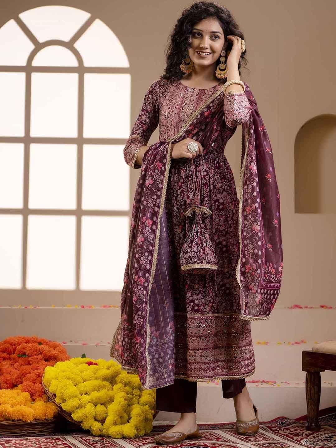kalini floral printed mirror work pleated a-line kurta with trousers & dupatta