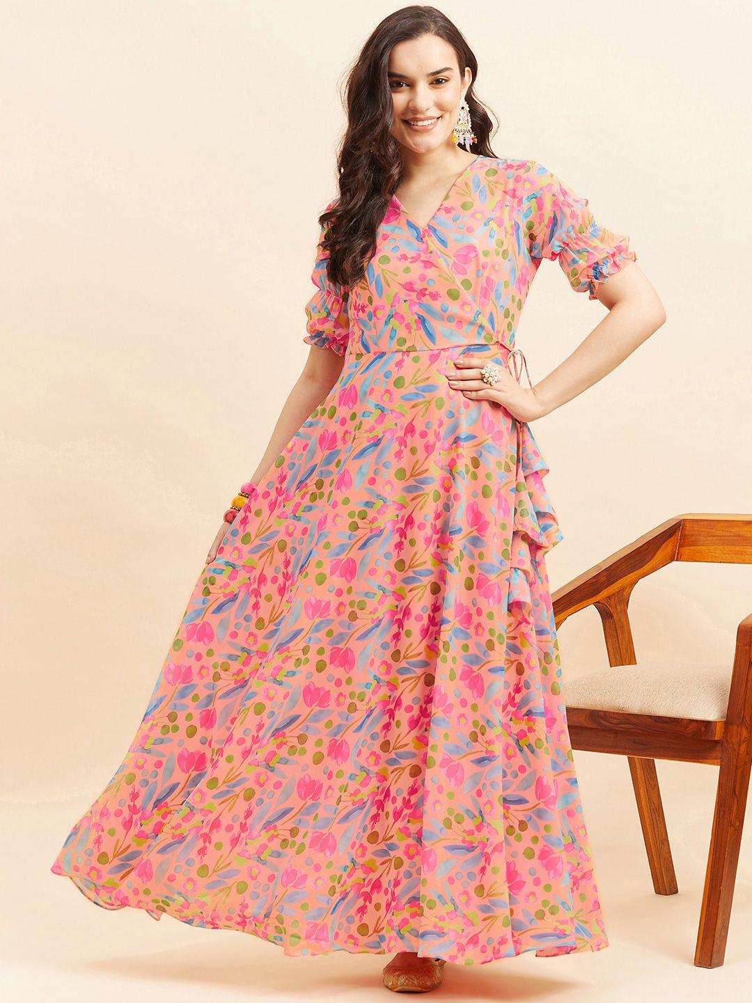 kalini floral printed puff sleeves v-neck georgette maxi ethnic dress