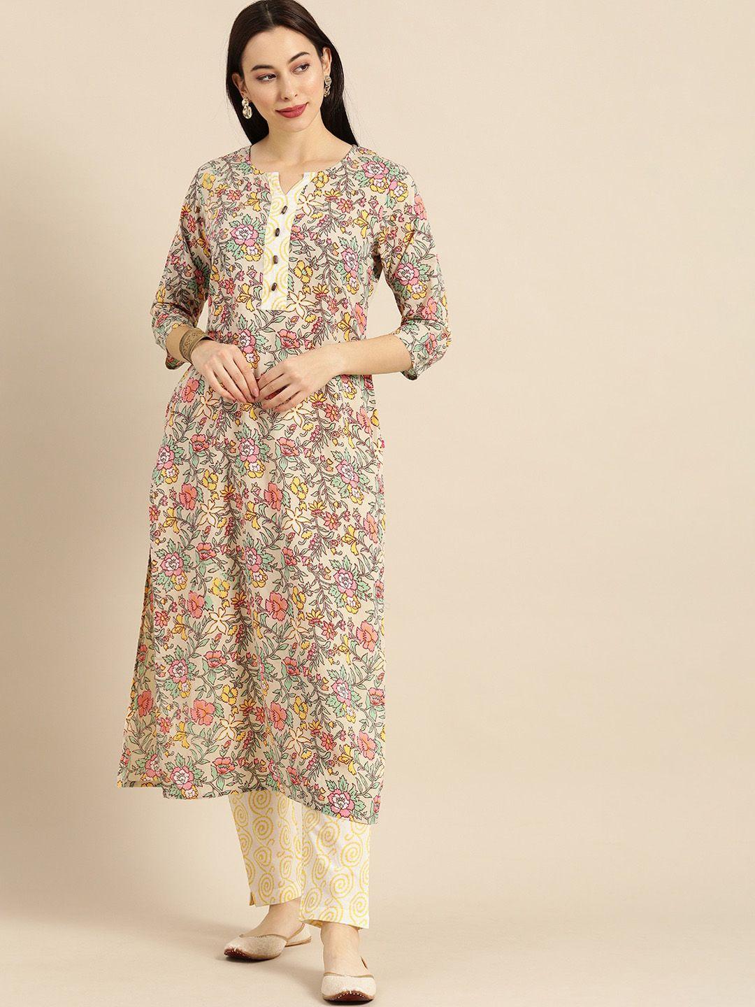 kalini floral printed pure cotton straight kurta with trouser