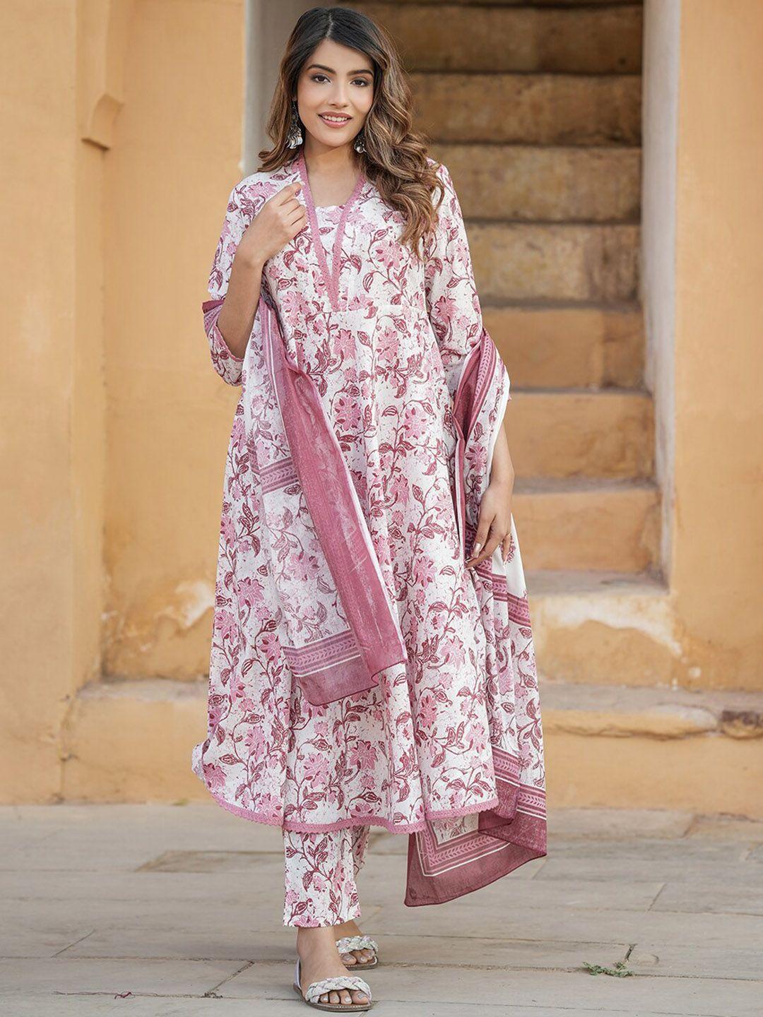 kalini floral printed regular thread work pure cotton kurta with trouser & with dupatta