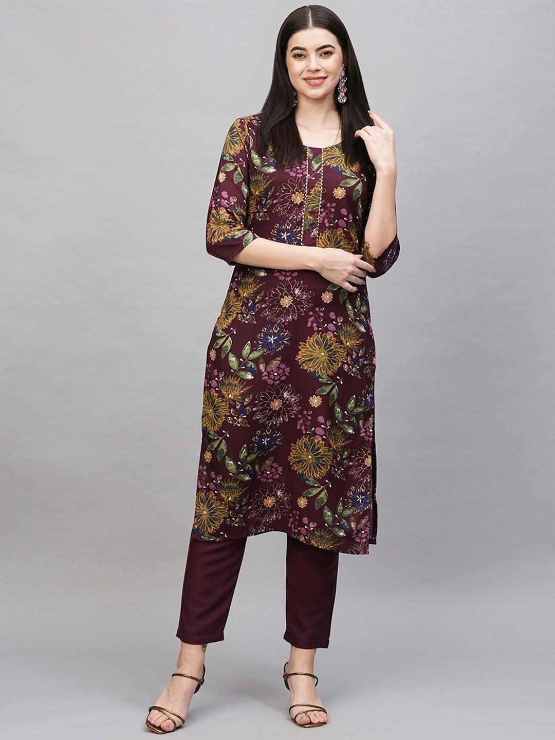 kalini floral printed round neck three-quarter sleeves pure cotton kurta with trousers