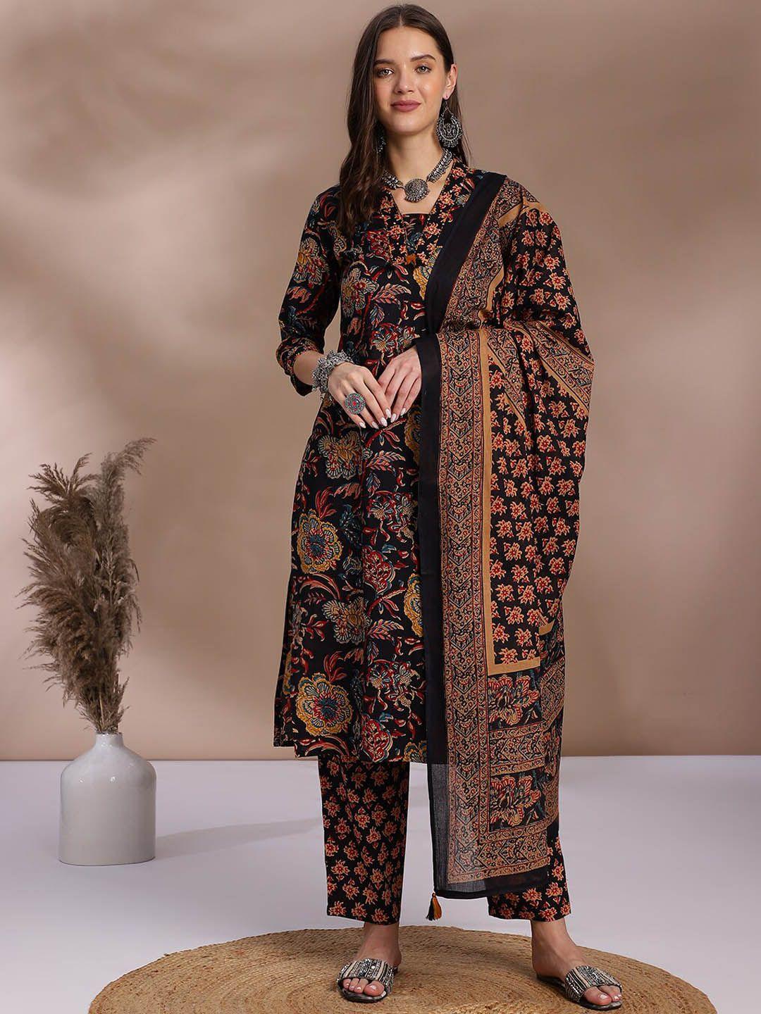 kalini floral printed sequinned pure cotton straight kurta & trouser with dupatta
