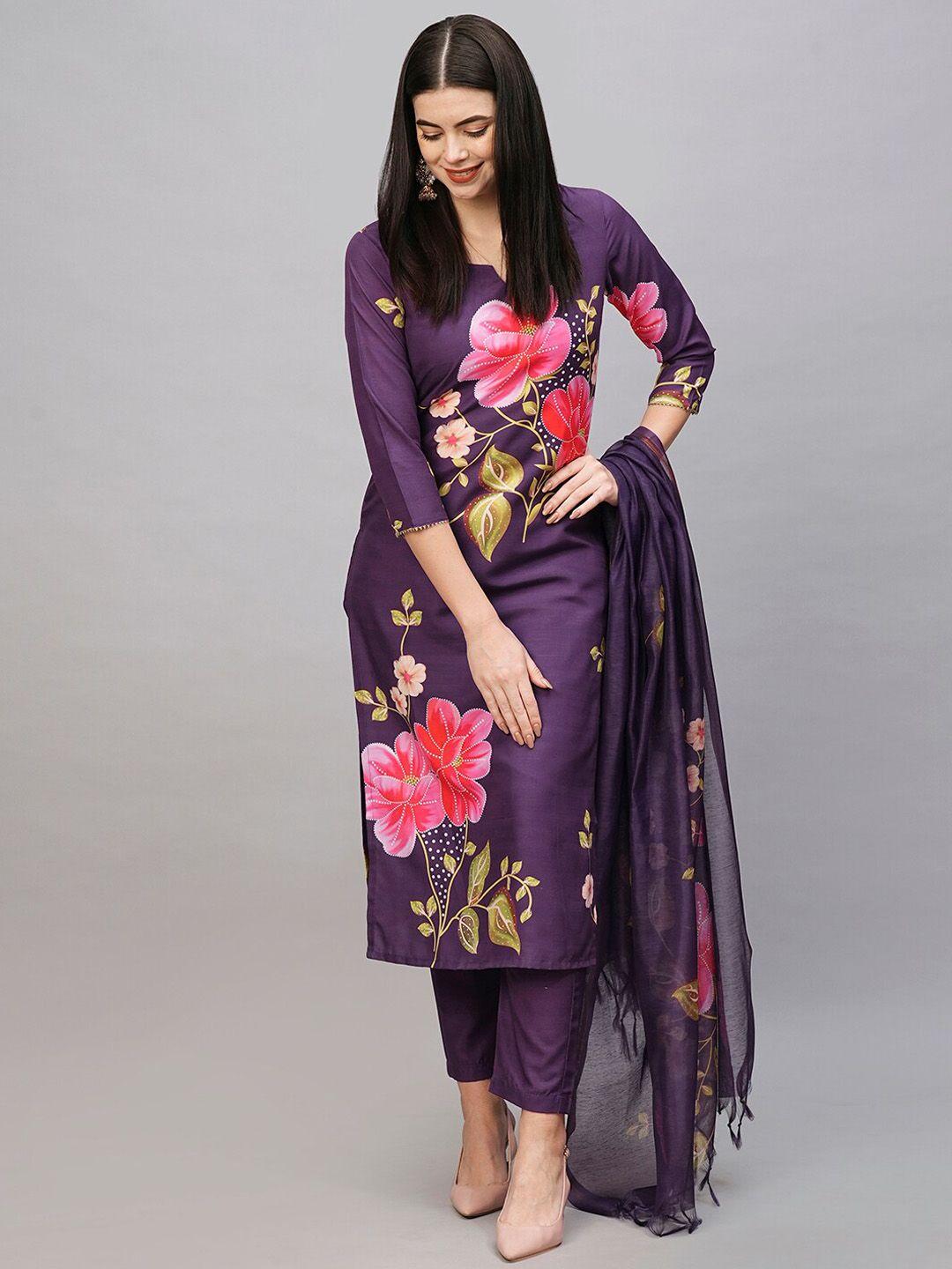 kalini floral printed straight kurta & trousers with dupatta