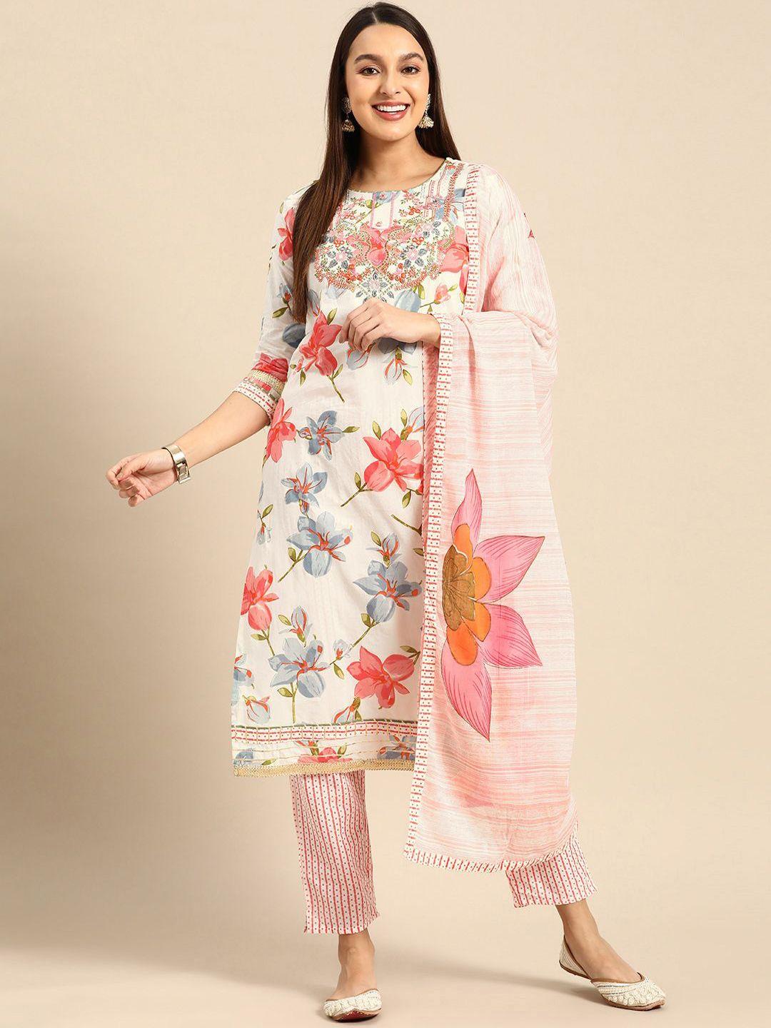 kalini floral printed thread work detailed straight kurta & trouser with dupatta