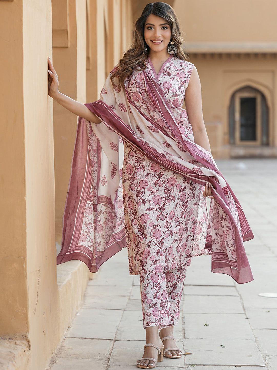 kalini floral printed thread work pure cotton kurta with trouser & dupatta