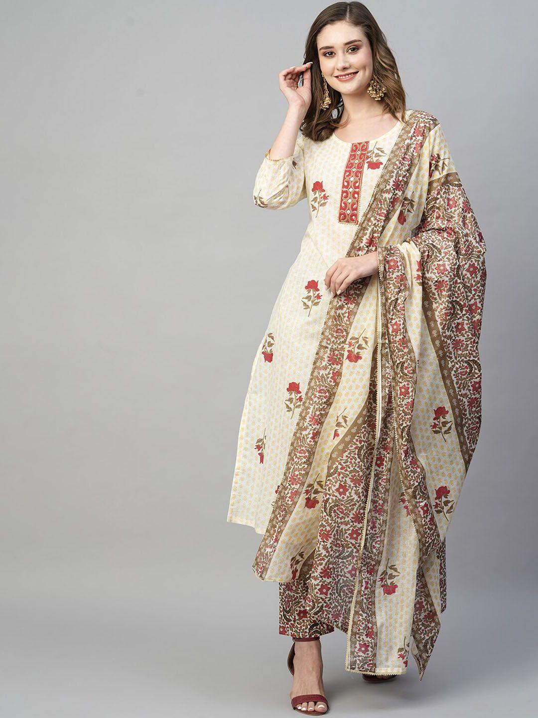 kalini floral printed thread work pure cotton straight kurta & trouser with dupatta