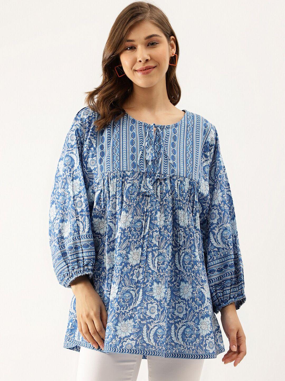 kalini floral printed tie-up neck puff sleeves cotton a-line top