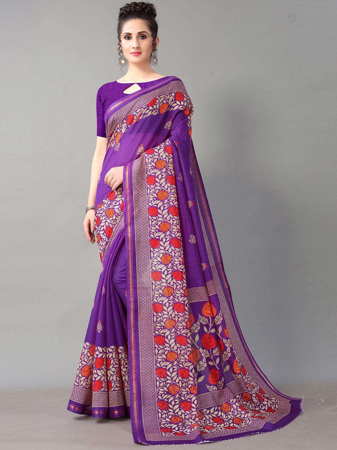 kalini floral printed zari art silk block print saree