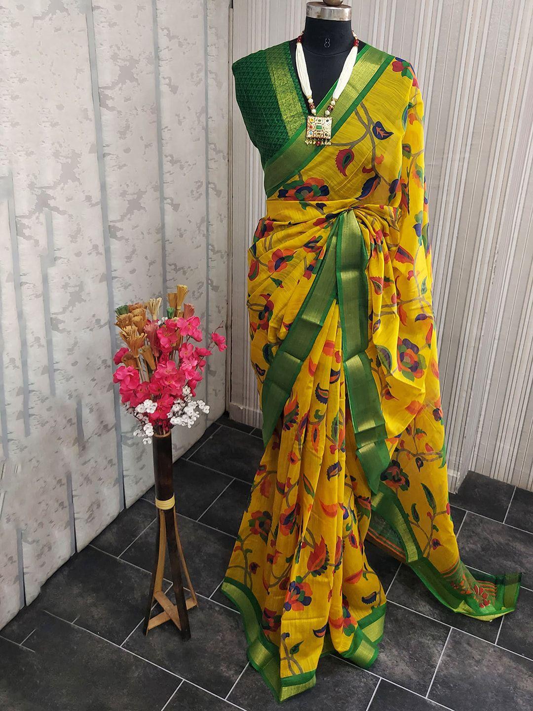 kalini floral printed zari silk cotton saree