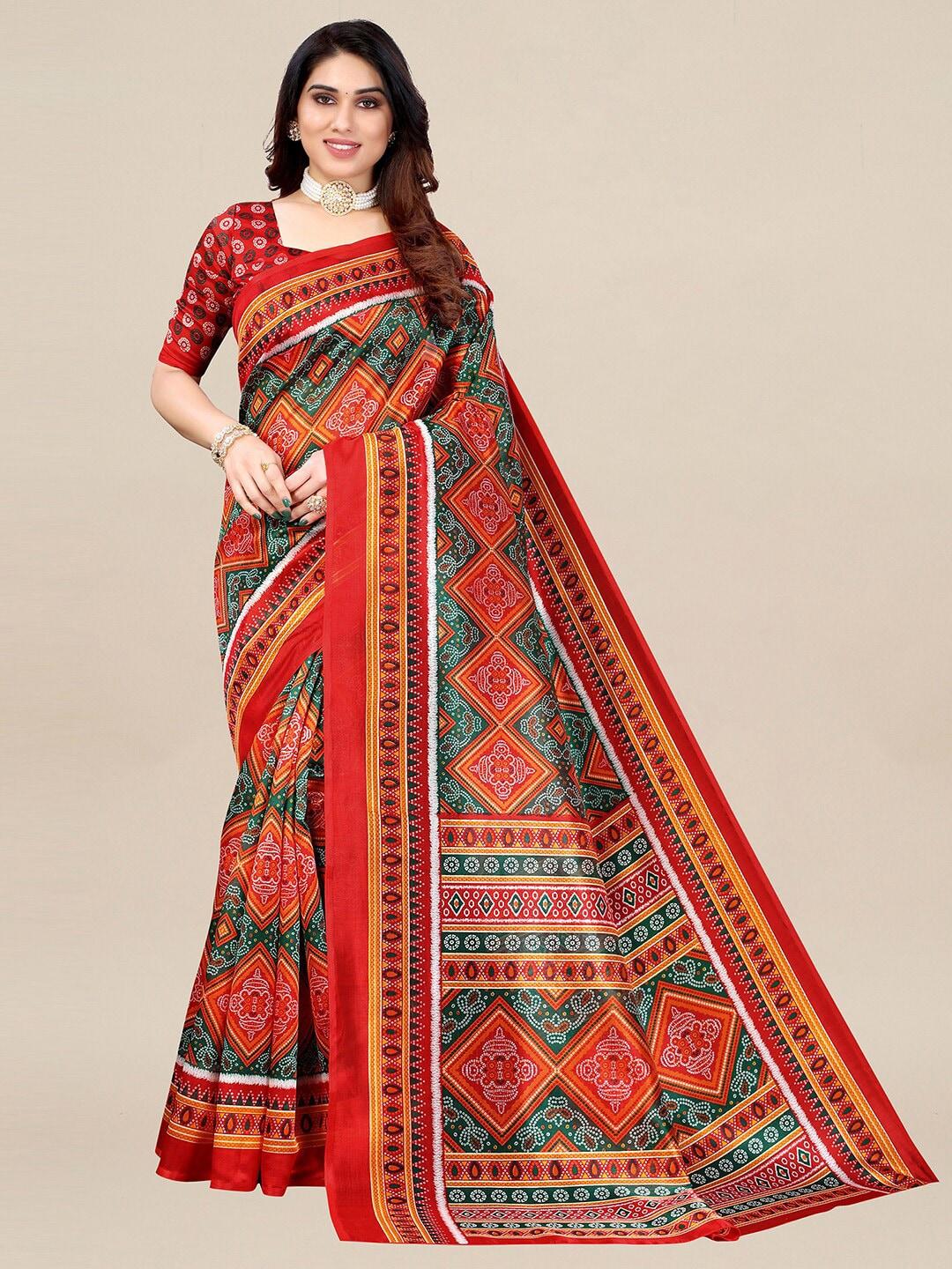 kalini green & red bandhani printed art silk saree