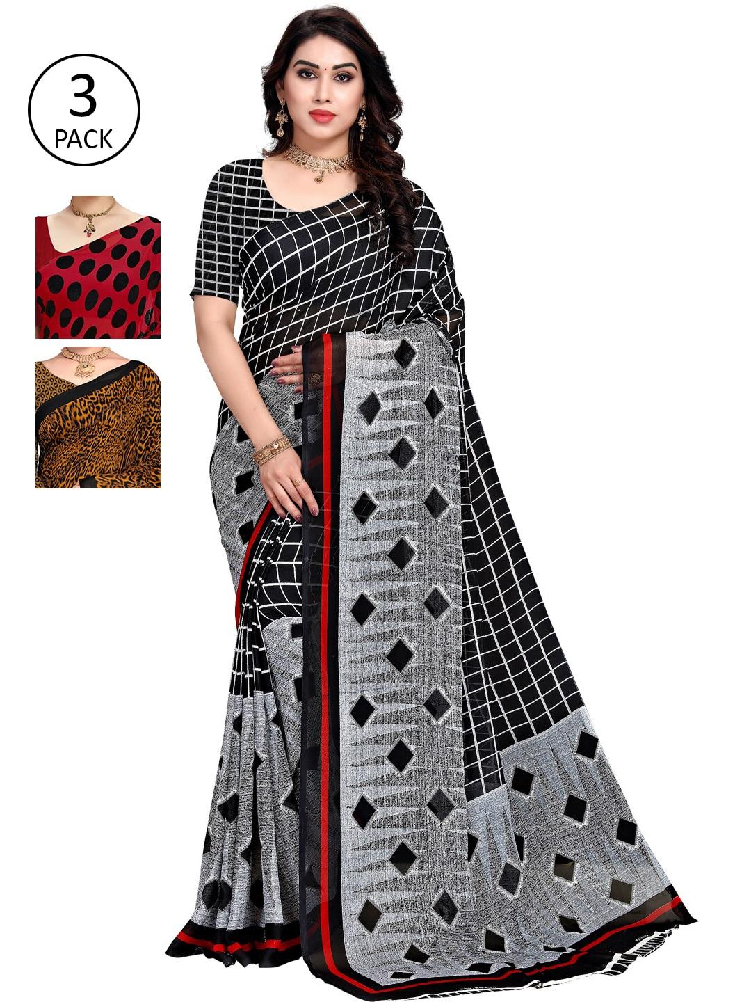 kalini grey & black pack of 3 printed saree