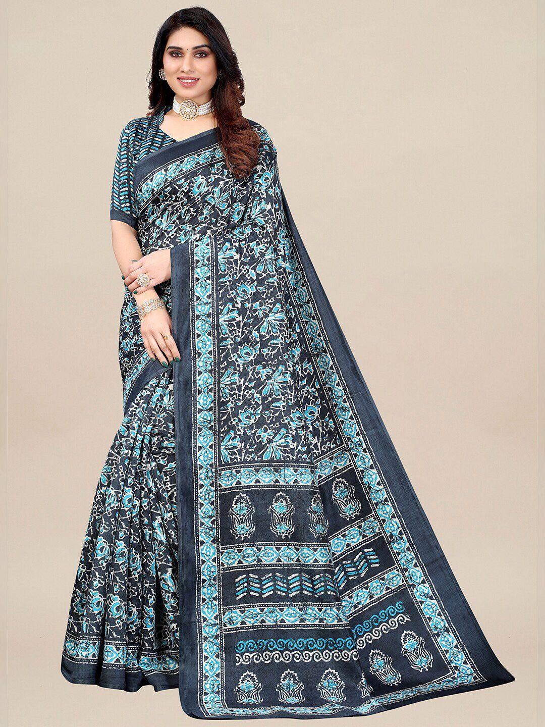 kalini grey & blue ethnic motifs art silk ikat saree