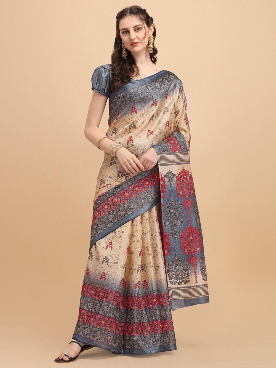 kalini grey & cream-coloured ethnic motifs art silk fusion khadi saree