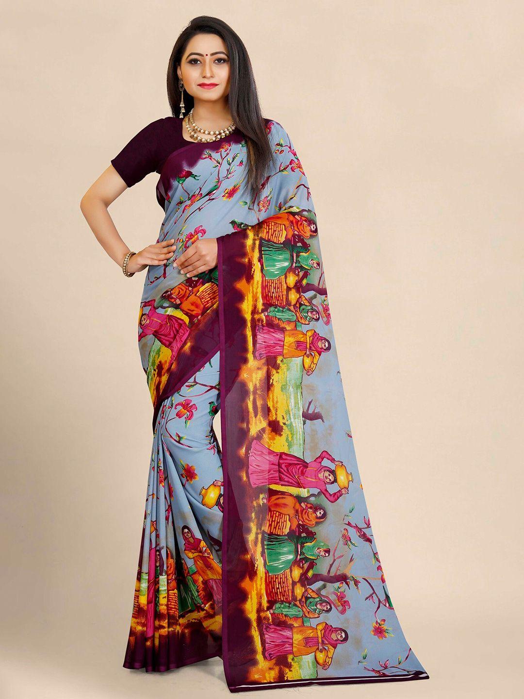 kalini grey & maroon ethnic motifs pure georgette block print saree