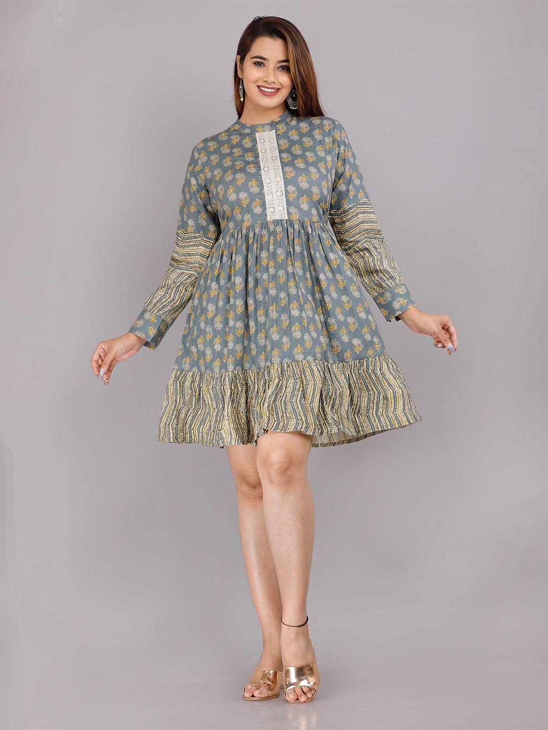 kalini grey & mustard floral printed fit & flare dress