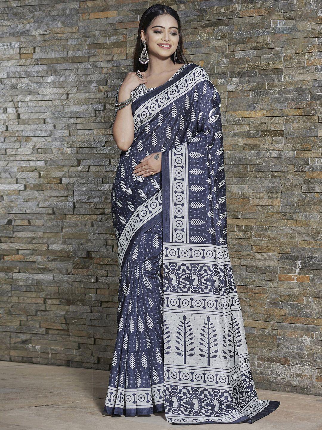 kalini grey & white ethnic motifs art silk bagh saree