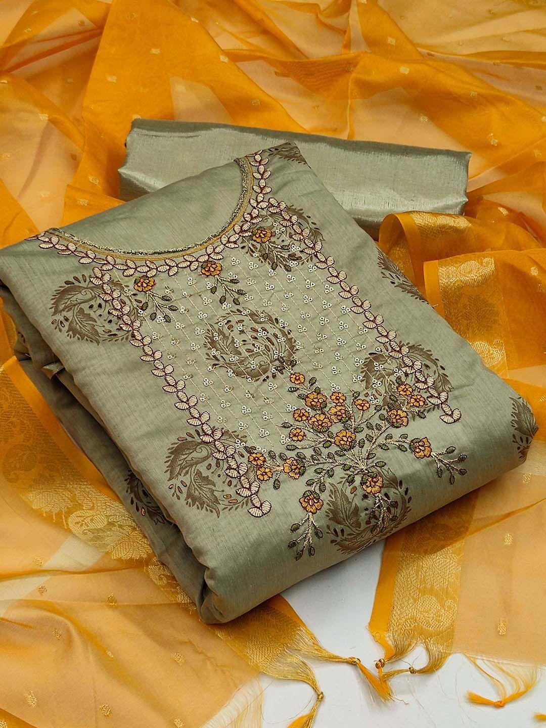 kalini grey & yellow embroidered pure cotton unstitched dress material
