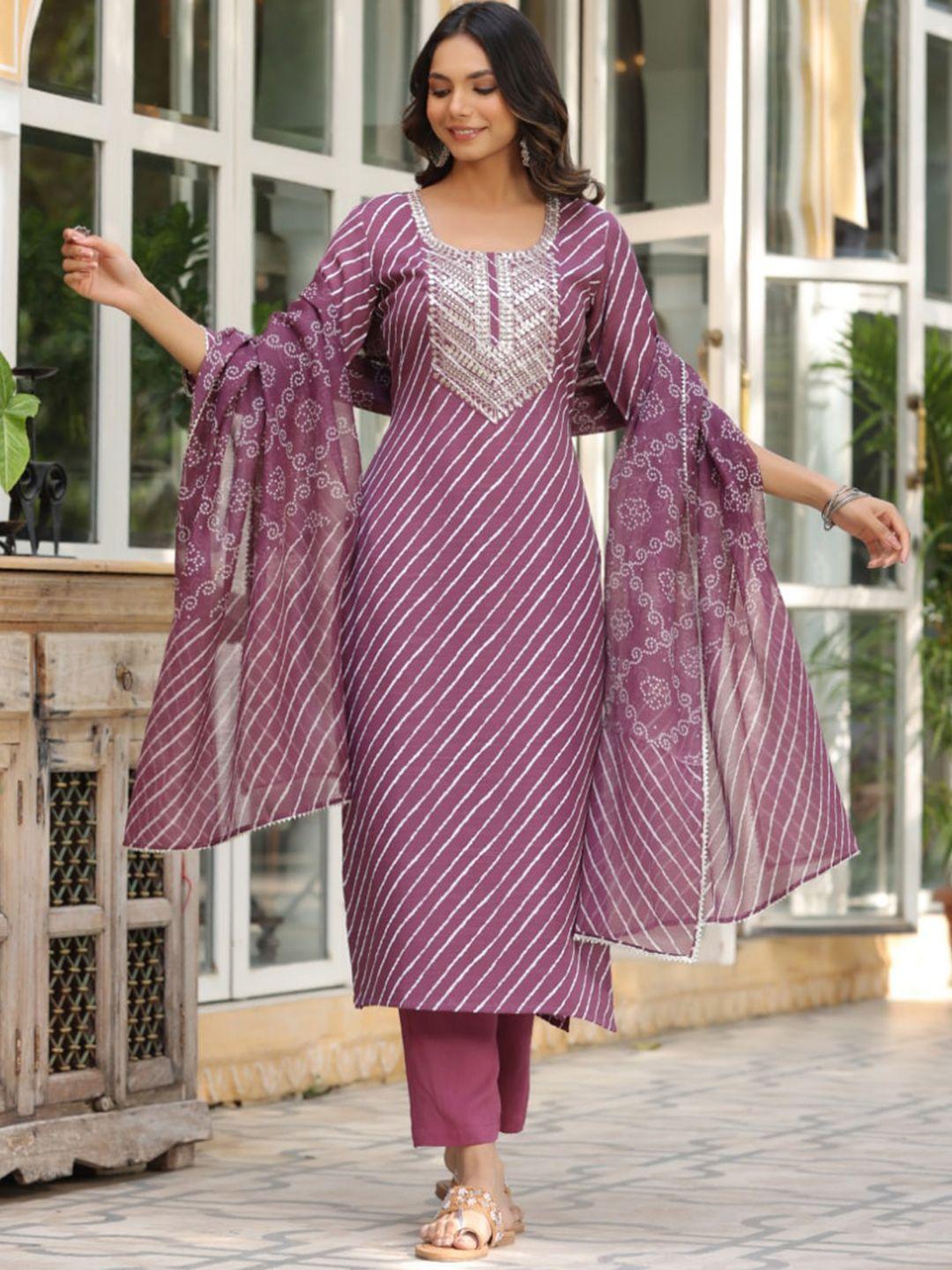 kalini leheriya printed thread work detailed straight kurta & trouser with dupatta