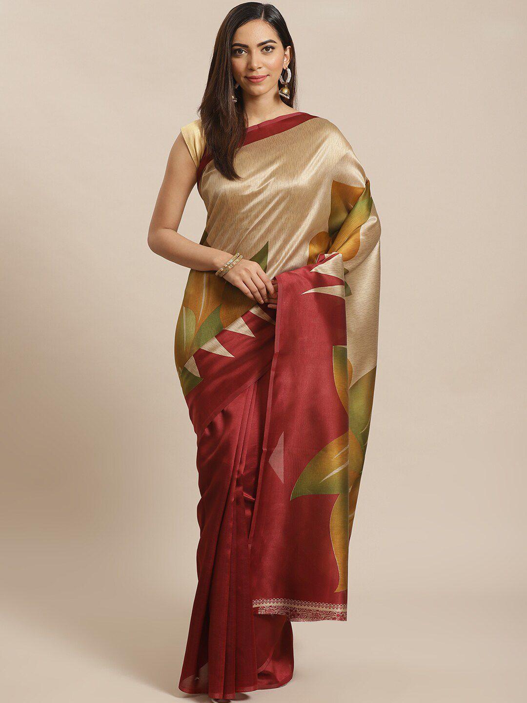 kalini maroon & beige floral printed mysore silk saree