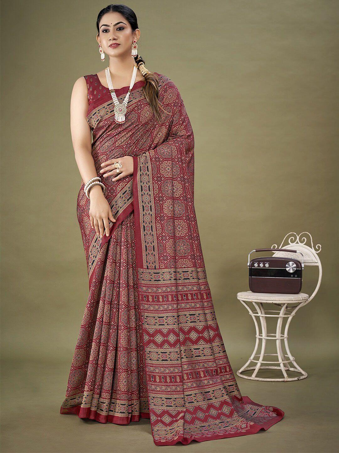 kalini maroon & blue ethnic motifs art silk block print saree