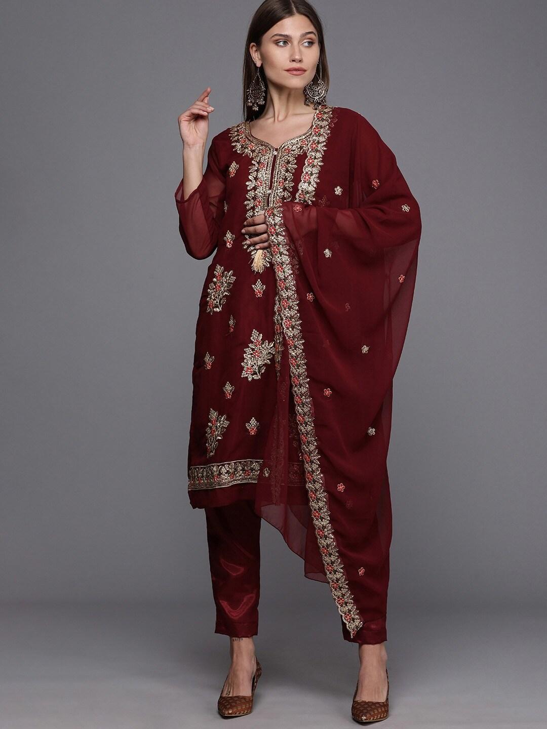 kalini maroon & gold-toned embroidered unstitched dress material