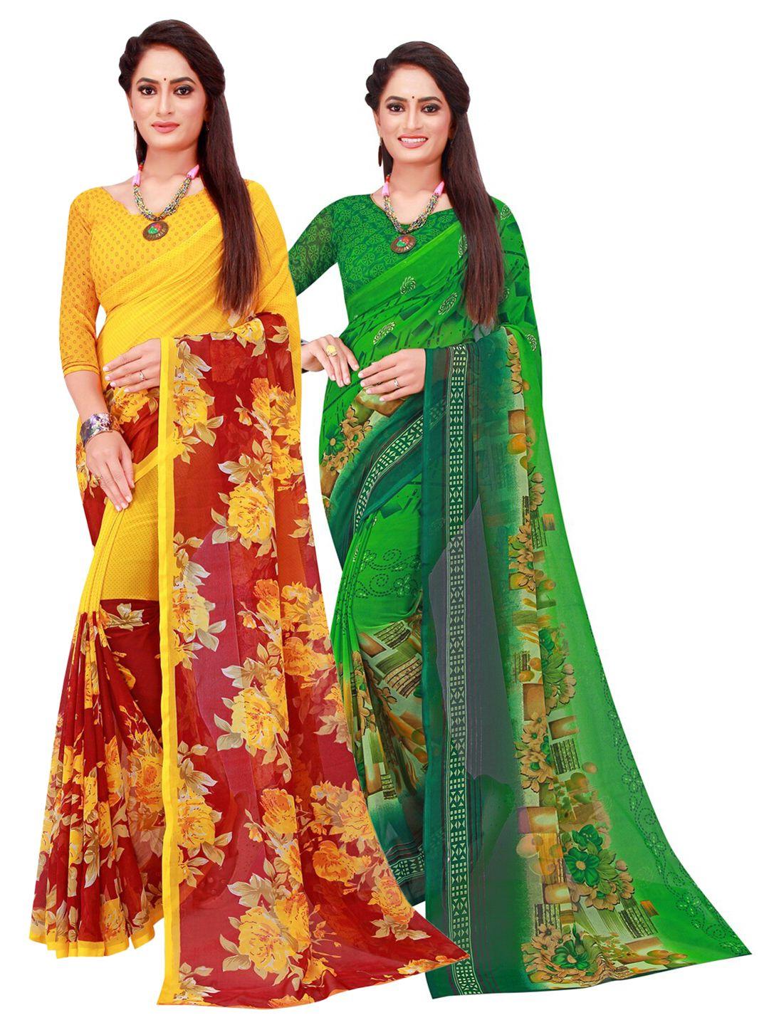 kalini maroon & green set of 2 floral pure georgette saree