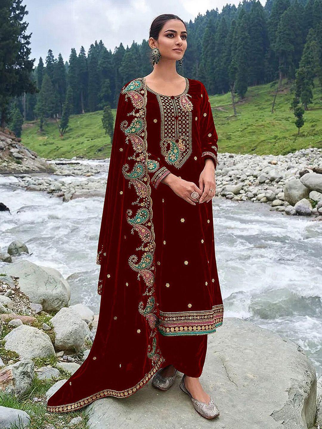 kalini maroon embroidered velvet unstitched dress material