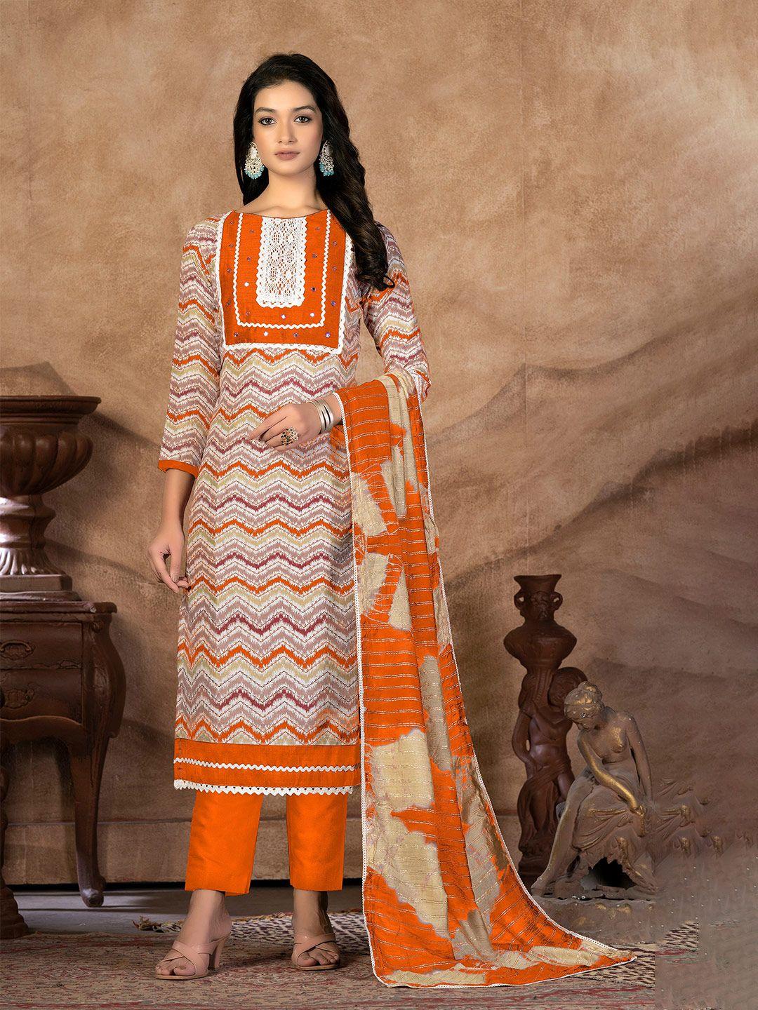 kalini multicoloured & orange printed pure cotton unstitched dress material