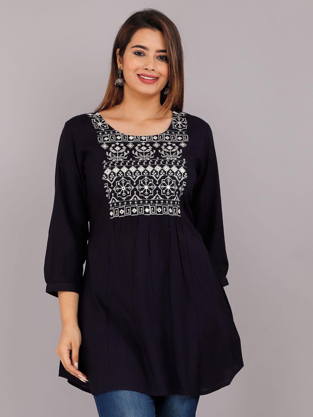 kalini navy blue & white embroidered longline top