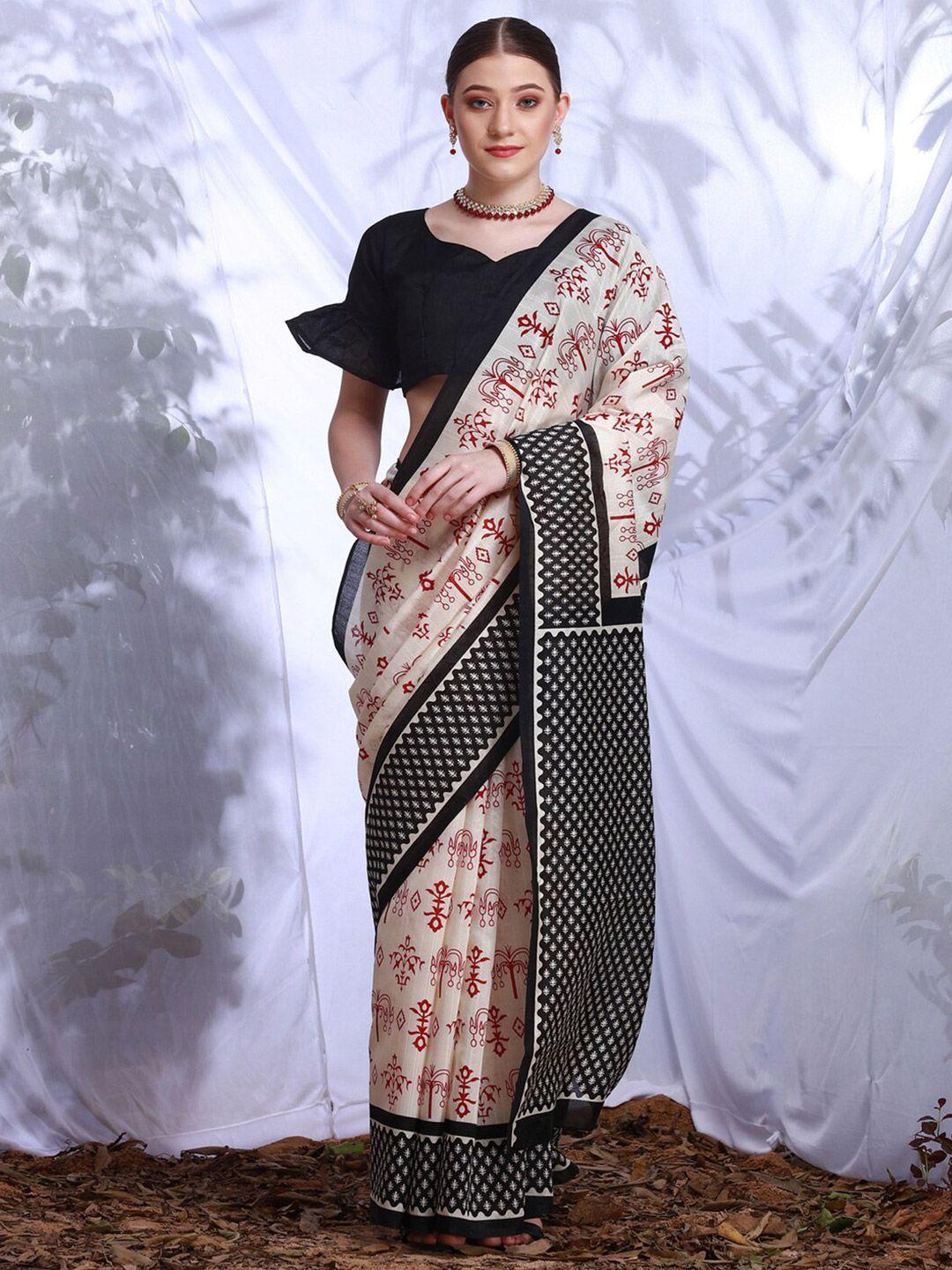 kalini off white & black ethnic motifs art silk dabu saree