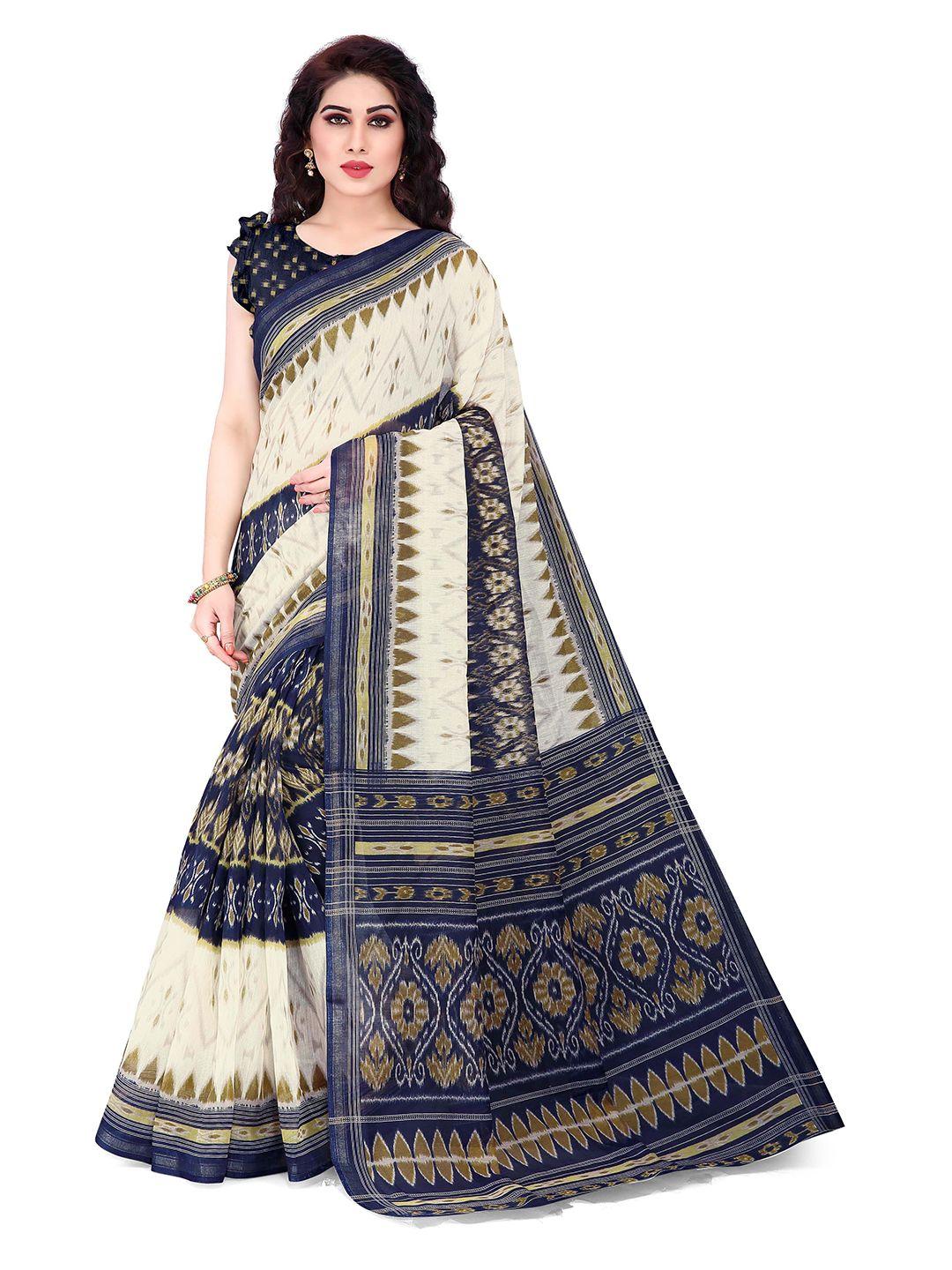 kalini off white & blue printed zari cotton saree