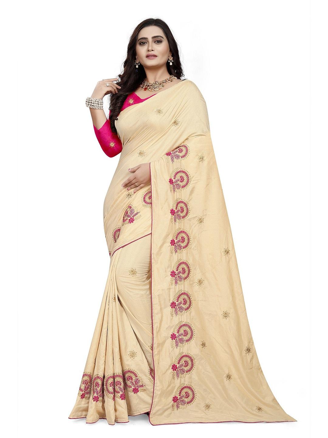 kalini off white & pink floral embroidered silk blend jamdani saree