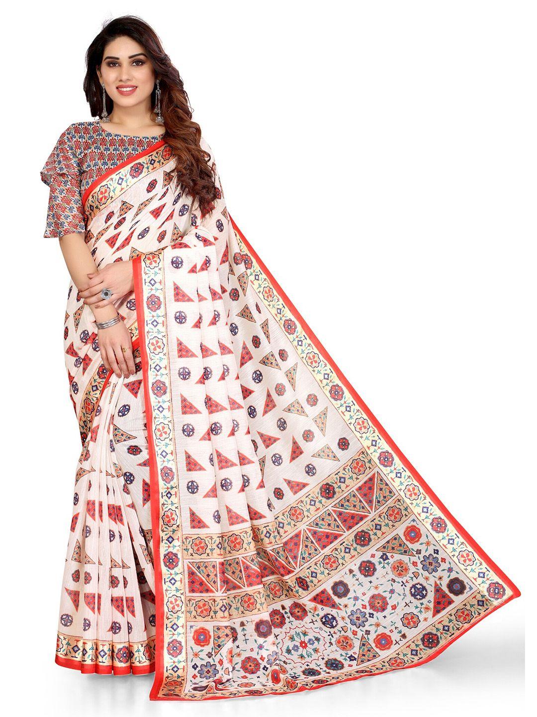 kalini off white & red abstract block print saree