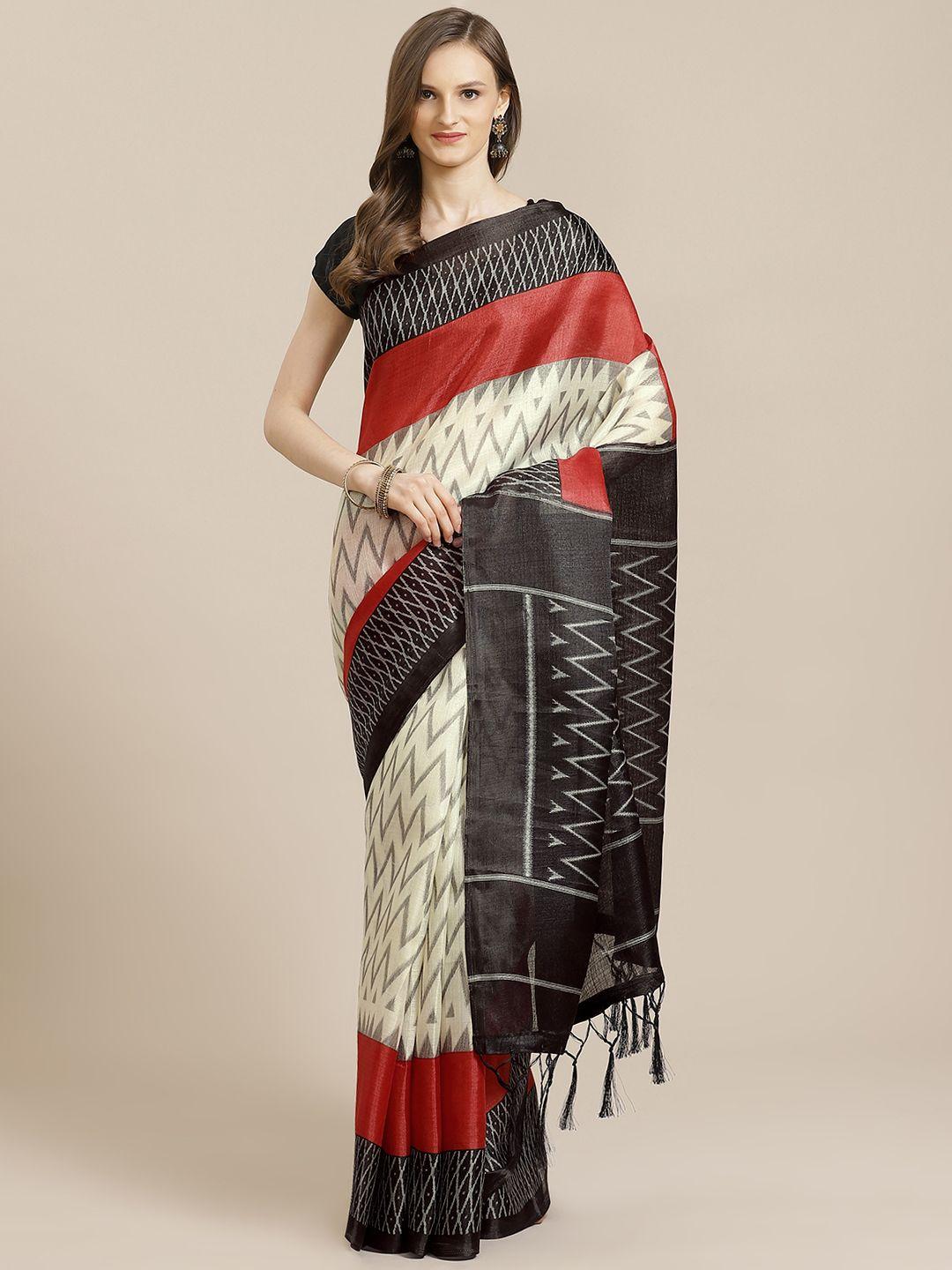 kalini off-white & maroon chevron print khadi silk saree