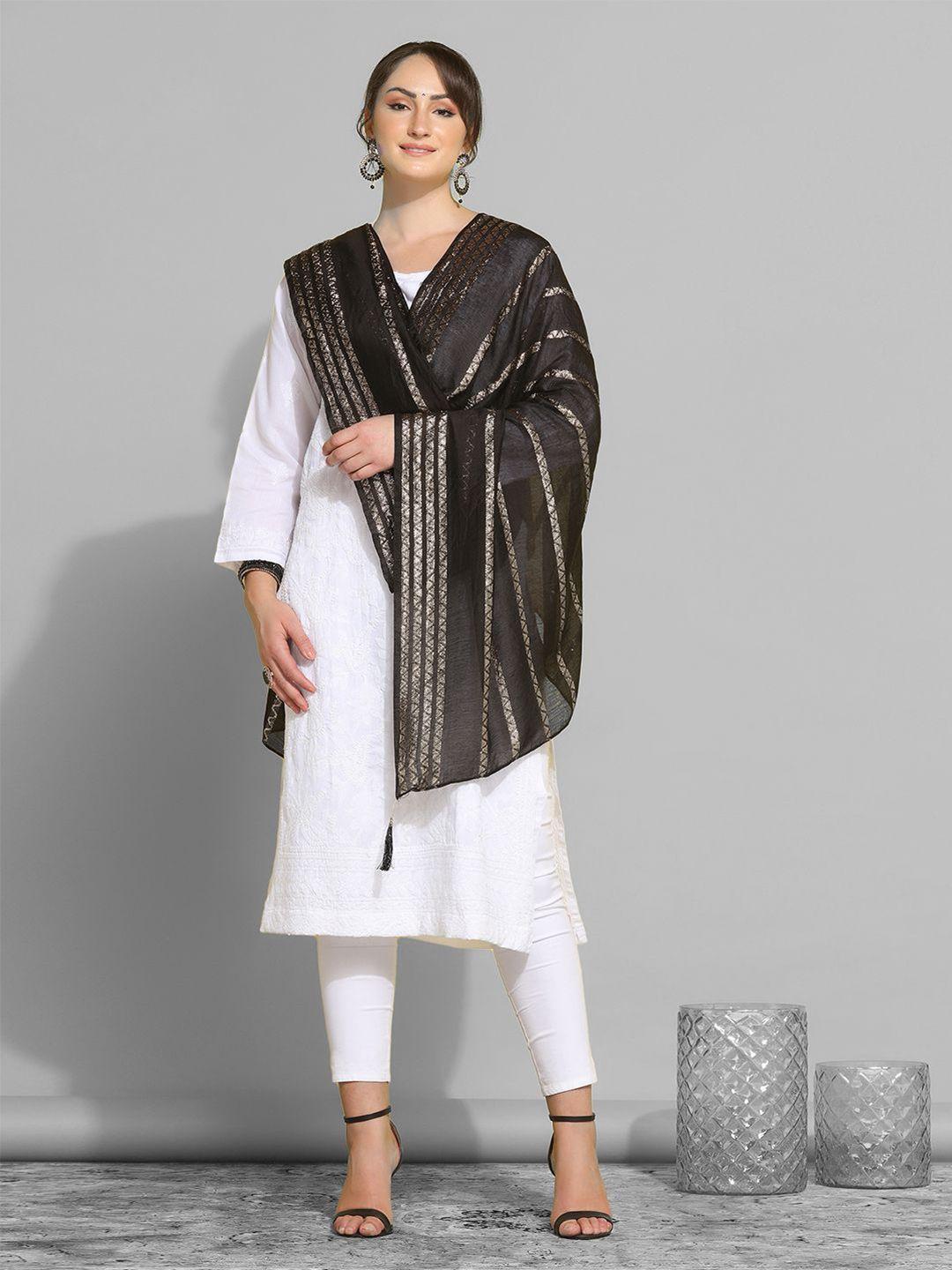 kalini olive green & gold-toned woven design cotton silk dupatta with zari
