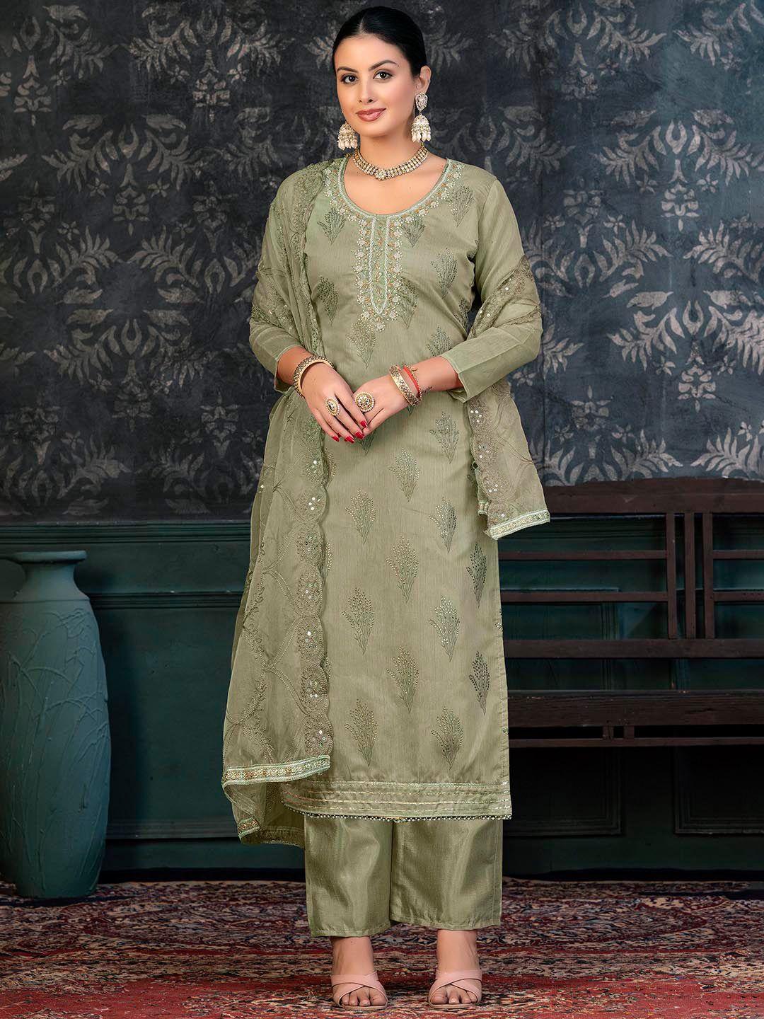 kalini olive green & olive green embroidered unstitched dress material