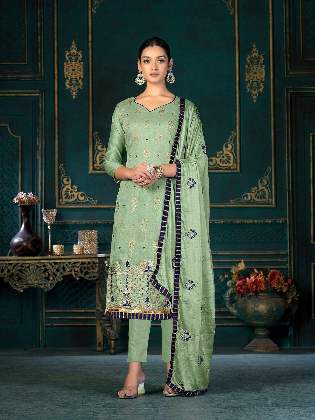kalini olive green & olive green embroidered unstitched dress material