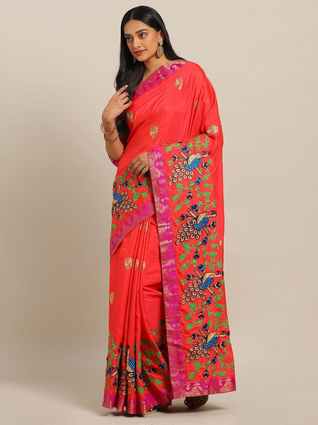 kalini orange & gold-toned silk blend embroidered saree