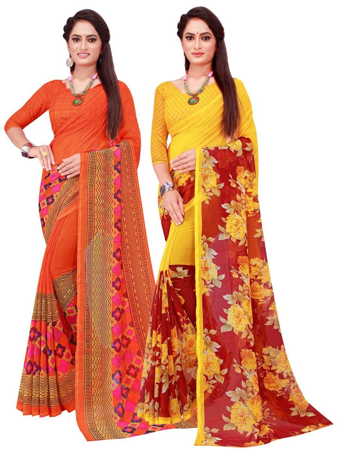kalini orange & maroon set of 2 floral pure georgette saree