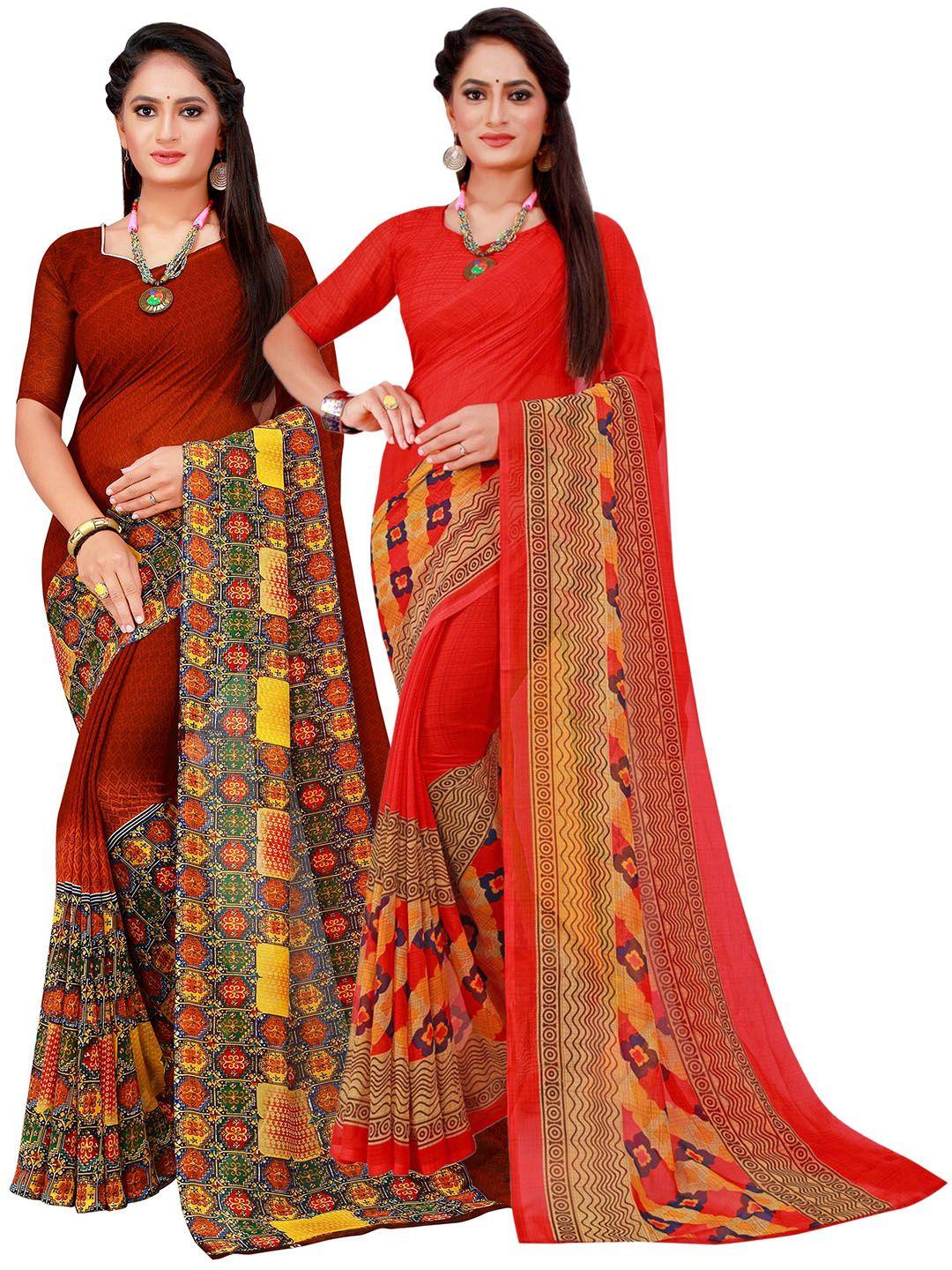 kalini pack of 2 red & maroon ethnic motifs pure georgette sarees