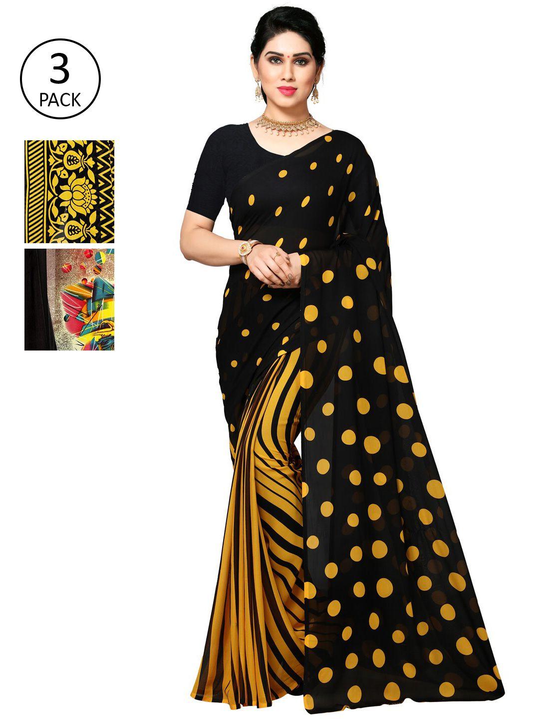 kalini pack of 3 yellow & black printed saree