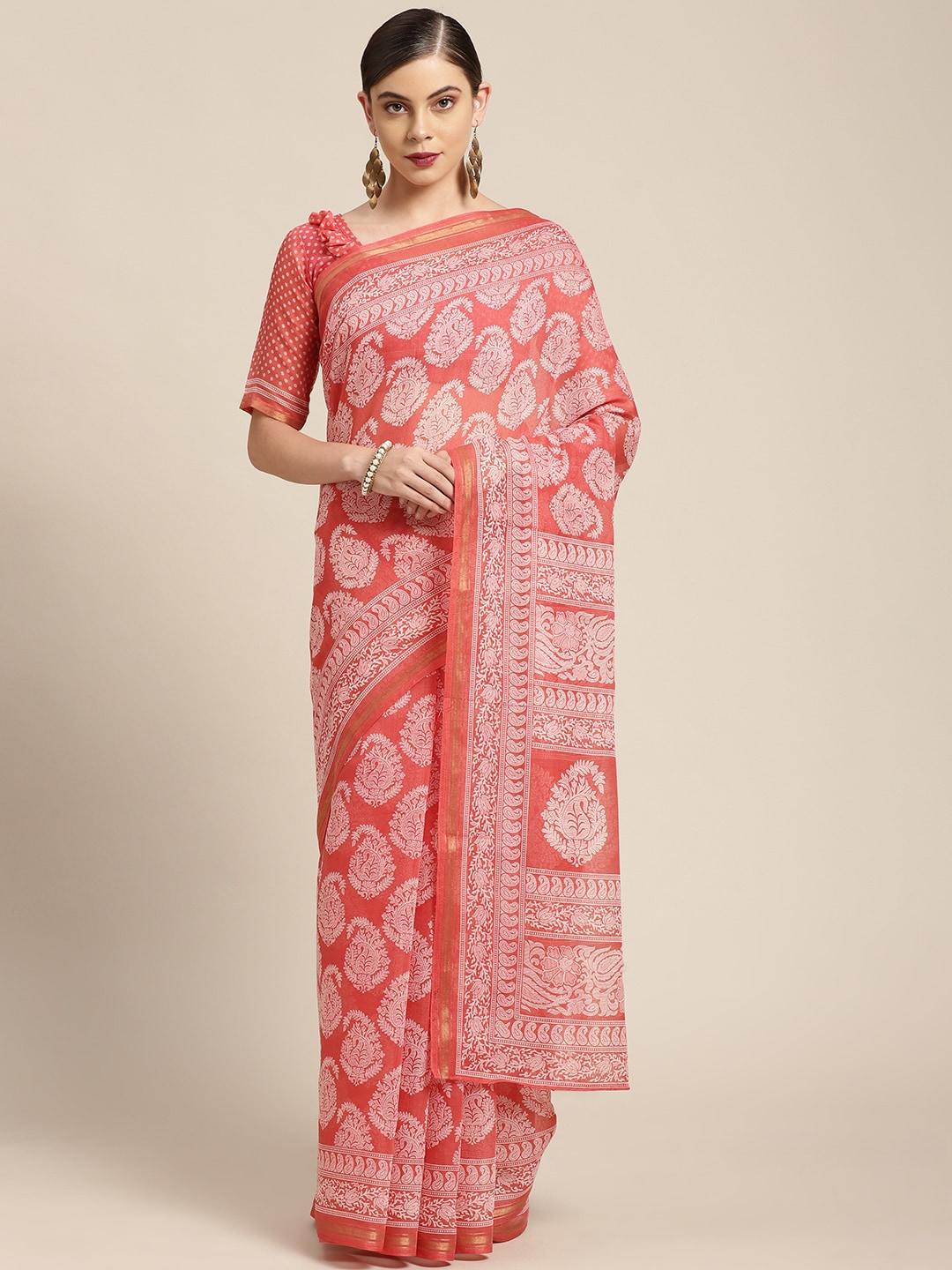 kalini peach-coloured & white ethnic motifs block print zari saree