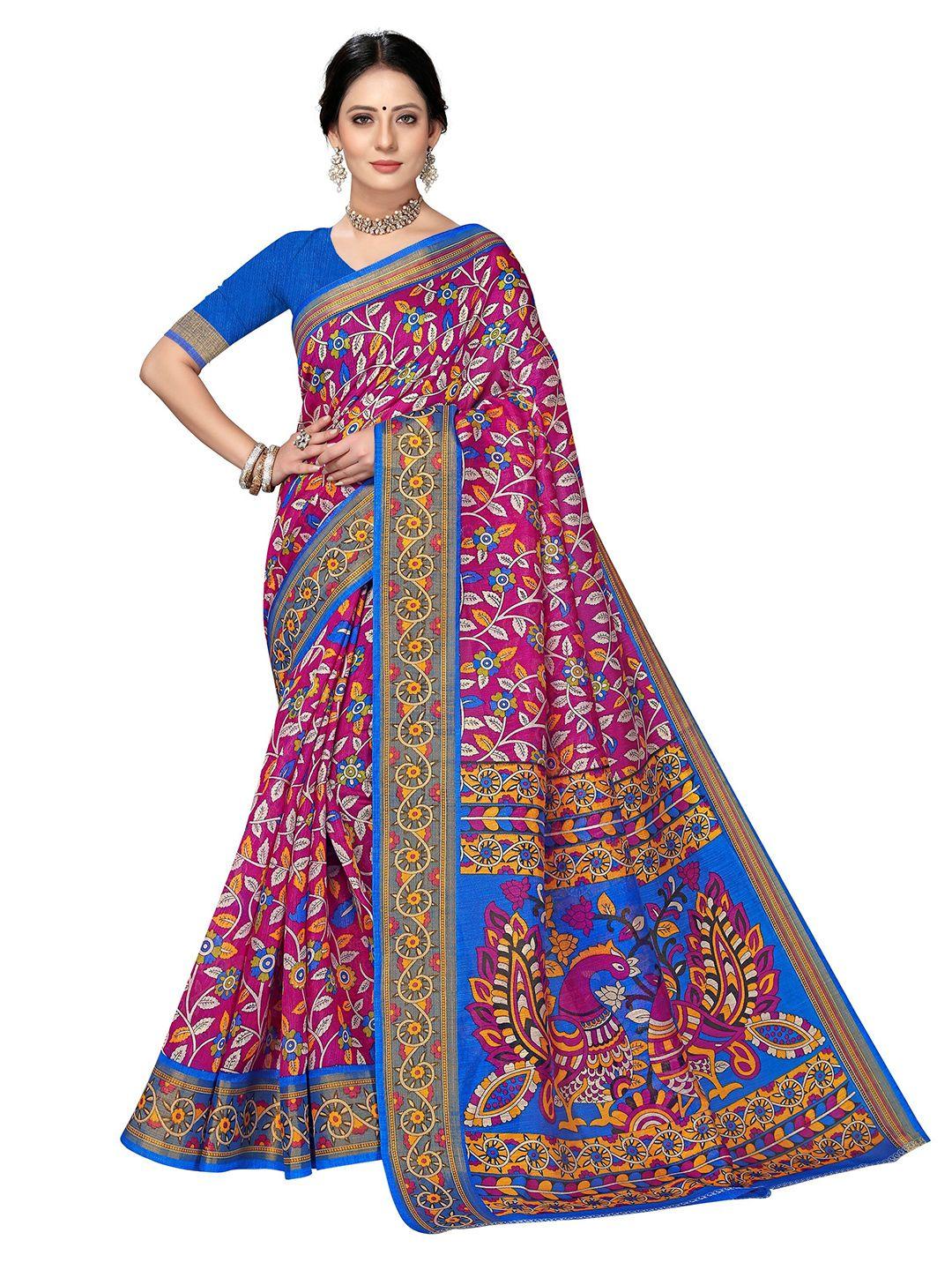kalini pink & blue floral fusion mysore silk saree